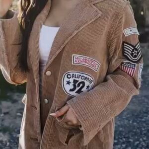 POL Kennedy Corduroy Jacket Shacket Distressed Military Patches Tan Caramel GUC